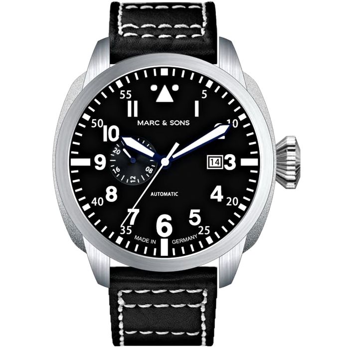 Marc & Sons Classic Pure Black Professional Automatic Pilot Men\'s Watch 46mm 10ATM Black Dial/Black Band MSF-006-SB-L3